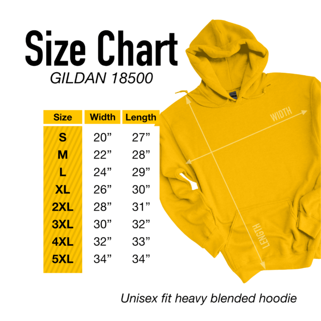 Size chart for Gildan 18500 hoodie