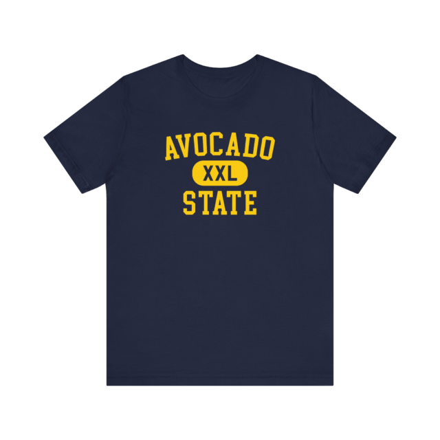 Front view of the Avocado State tee in navy