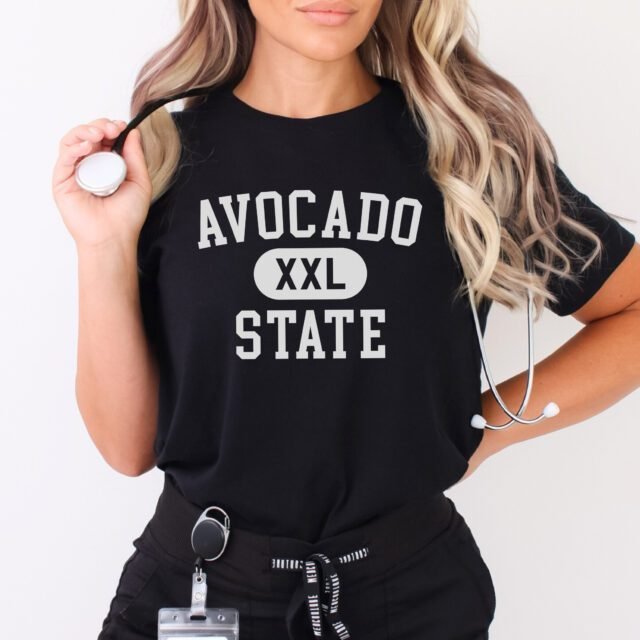 Model wearing the Avocado State t-shirt in white