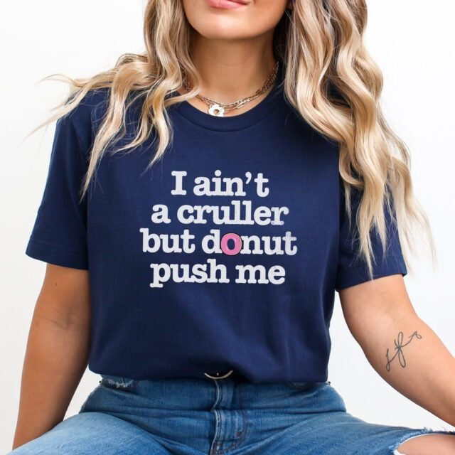 Model wearing the Cruller tee in navy