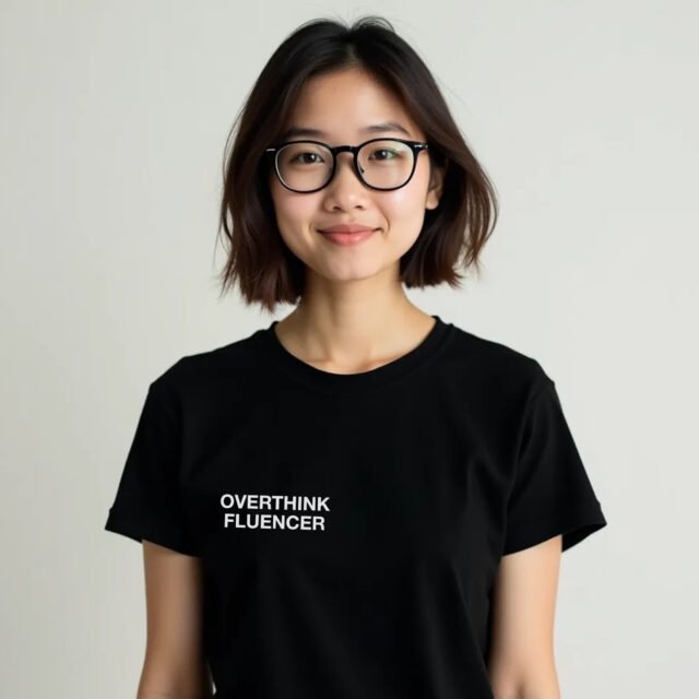 Model wearing the Overthinkfluencer tee in black